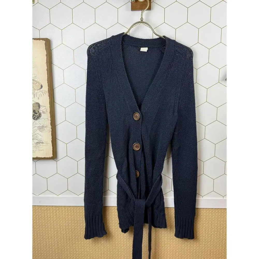 J.Crew Navy 100% Cotton Ribbed Wooden Button Cardigan - Size - Small